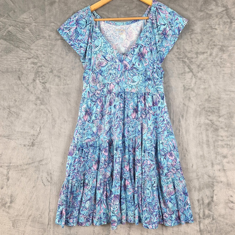 Lilly Pulitzer Dress Medium Blue Kawai Floral Babydoll Tiered Resort Pockets